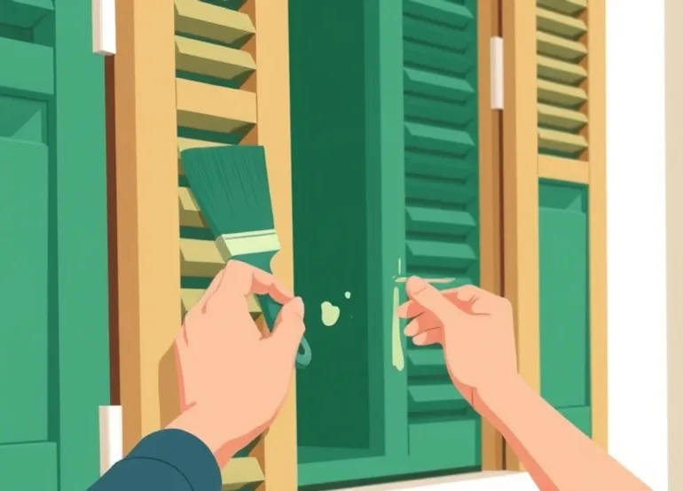 Mise en peinture au pinceau de volets et d'encadrements en bois