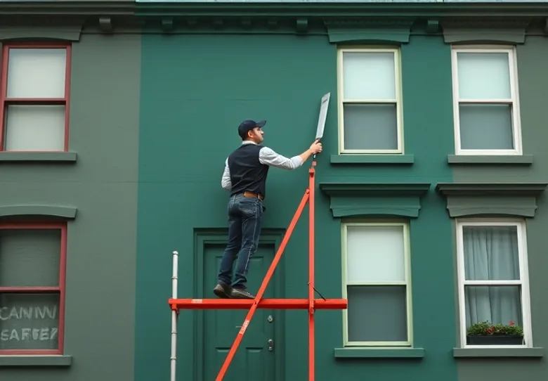 Peintre sur échafaudage traitant la façade d'une maison