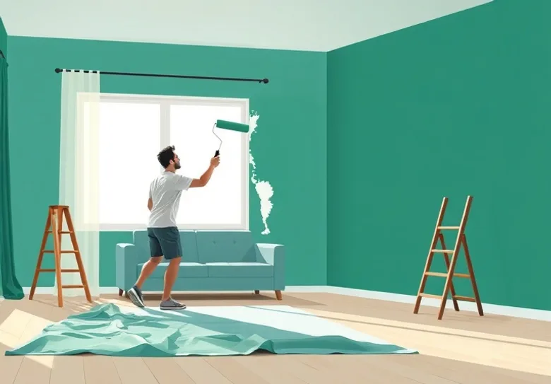 Peintre appliquant la peinture au rouleau sur un mur de salon